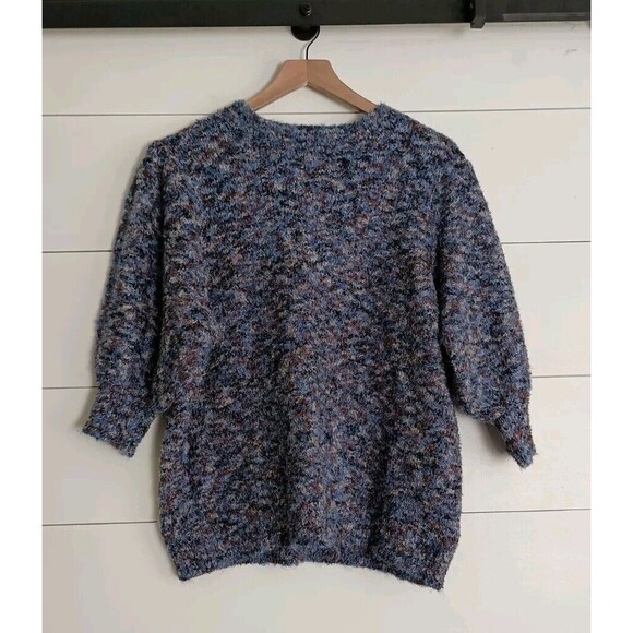 FRNCH Paris Knit Sweater Blue Brown Balloon Sleeve Sz Large Popover Cottagecore - Picture 1 of 8